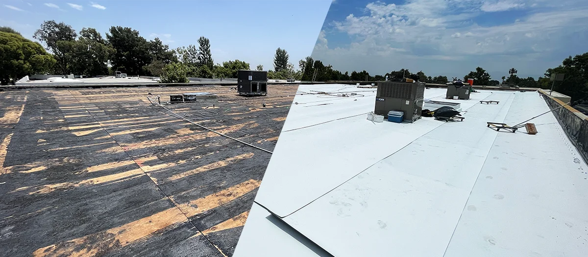 Commercial building roof with expertly applied coating